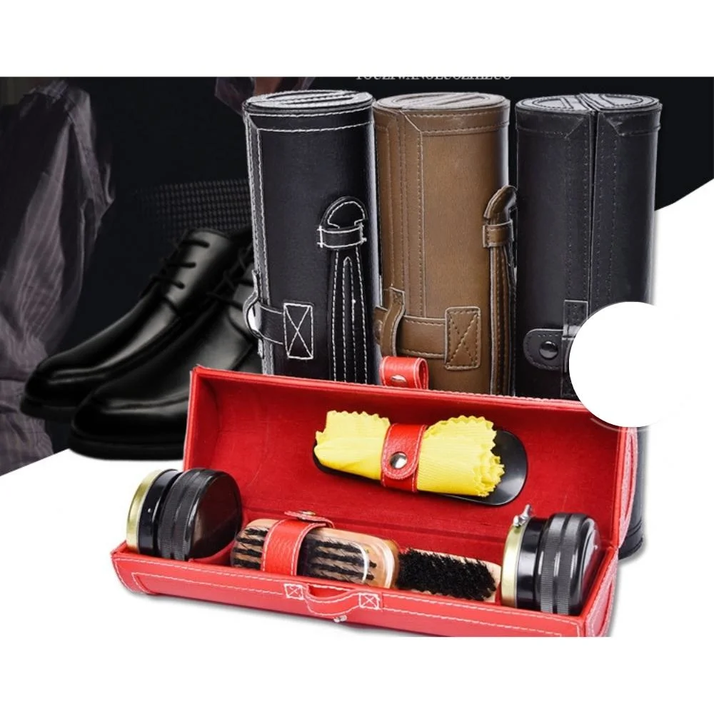 Shoe Care Kit Travel Shoes Shine Brush Polish Kit with PU Leather Sleek Elegant Case Bl22674